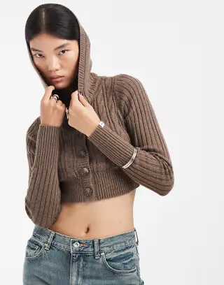 Hollister cropped knit cardigan with hood in brown