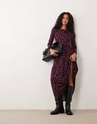 Wednesday's Girl smudged dots midaxi dress in dark purple