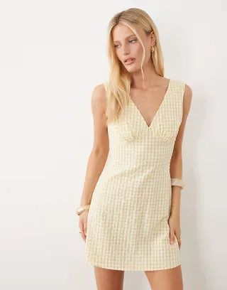 ASOS DESIGN v neck mini dress in cream gingham