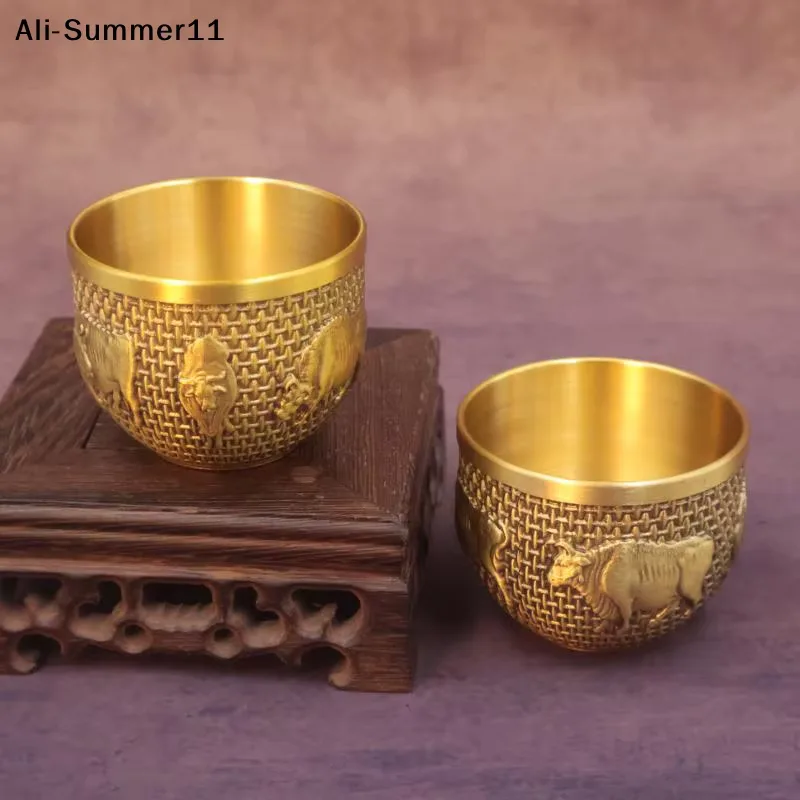 【A6L】Brass Fu Bowl Desktop Lucky Decor Hand Carved Brass Drinking Cup Treasure Bowl Metal Artifact Gifts