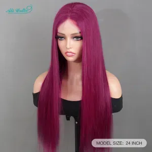 Ali Grace 24 Inch Burgundy Brazilian Straight Lace Closure Wig, 4x4 Transparent Lace, 150% Density, Hand-Tied Human Hair