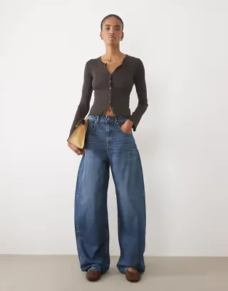 ASOS DESIGN Tall high waisted barrel leg jeans in mid wash blue