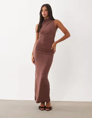 ASOS DESIGN high neck sleeveless drape maxi dress in chocolate