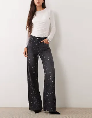 Mango embellished wide leg jean in washed black