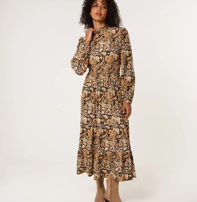 Blue Vanilla Women's Khaki Paisley High Neck Shirred Waist Dress