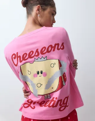 ASOS DESIGN long sleeve top and wide leg trouser pyjama set with cheeseons greetings graphic