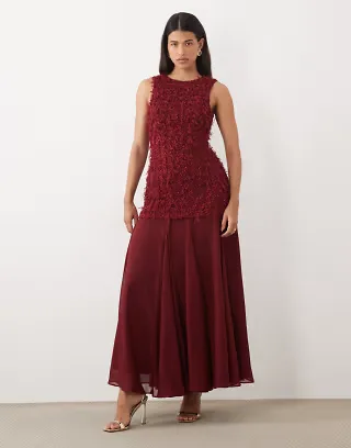 ASOS LUXE fluffy knit bodice maxi dress with chiffon skirt in burgundy