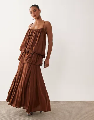 ASOS DESIGN bubble tiered cami strap maxi dress in brown