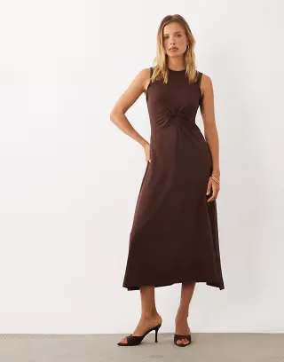 ASOS DESIGN sleeveless maxi dress with knot detail in chocolate