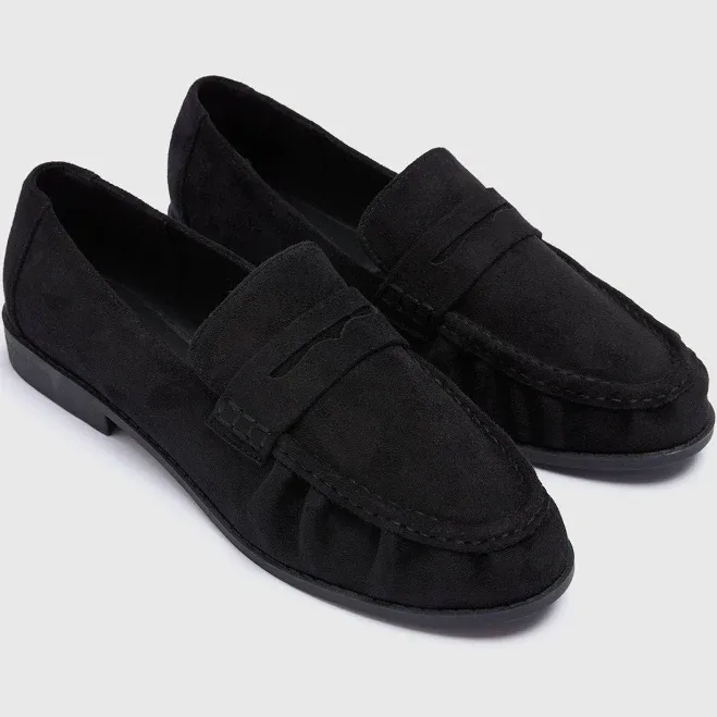 Ruched Faux Suede Loafers - Black - Papaya