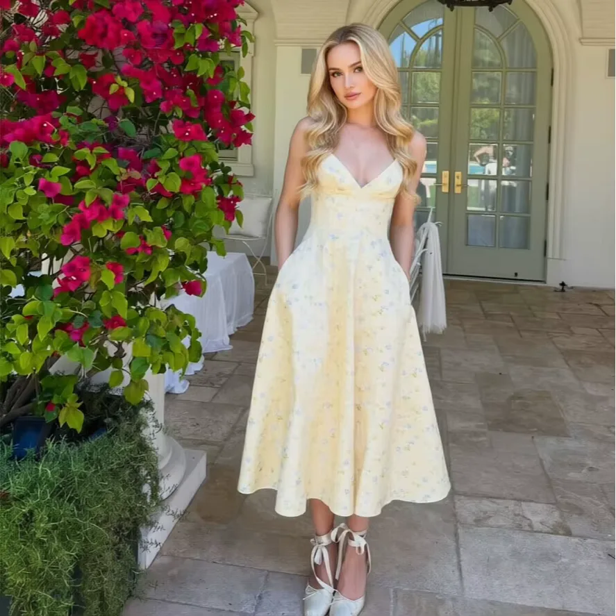 Suninheart Summer Floral Print A-line Midi Dress Elegant Lace-up Dress Sexy V Neck Party SunDress for Women