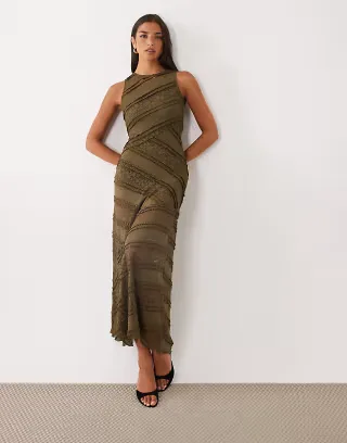 ASOS DESIGN spliced tiered lace midaxi dress in chocolate brown