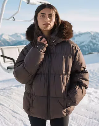 4505 Ski water repellent insulated ski puffer with faux fur hood in chocolate