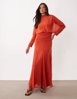 ASOS DESIGN shirred waist panel godet chiffon maxi dress in rust