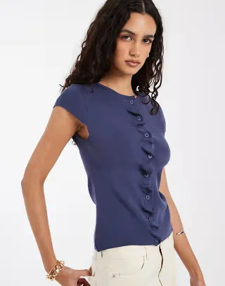 ASOS DESIGN compact knit cap sleeve cardigan with ruched placket in navy
