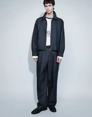 ASOS DESIGN oversized tapered denim look smart pants with half elastic waist in navy - part of a set