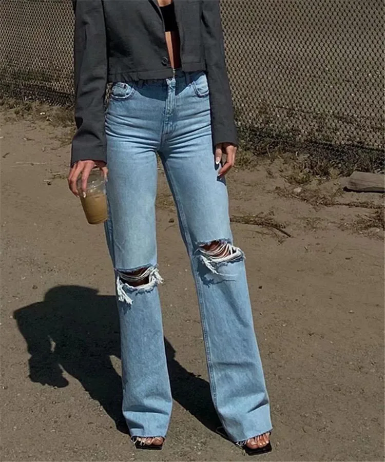 High Waist Ripped Straight Leg Jeans