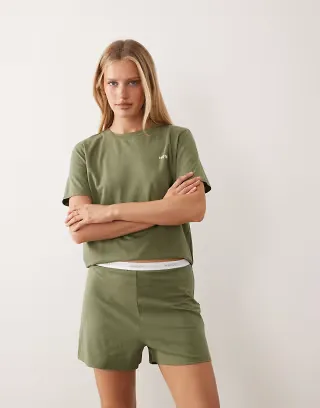 HUGO Red loungewear shorts with logo waistband in dark green - part of a set