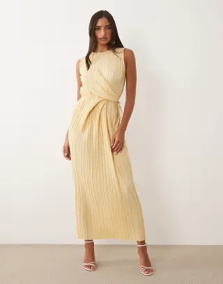 ASOS DESIGN plisse sleeveless wrap tie front midi dress in butter yellow