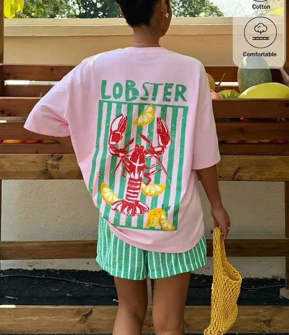 Muchica Baby Pink Lobster Stripe Letter Print Oversized T-Shirt Women's Clothing Shirts Tees Raglan Drop Shoulder Round