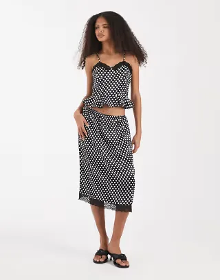 ASOS DESIGN satin lace trim peplum top in polka dot set