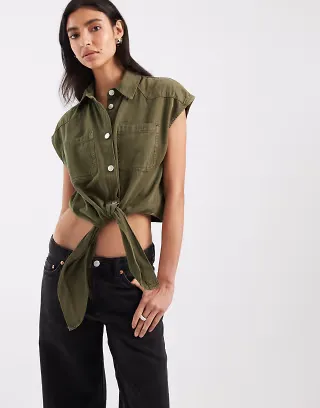ASOS DESIGN denim shirt with tie front in khaki