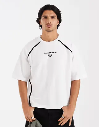 ASOS DESIGN heavyweight boxy oversized T-shirt with chest graphic in white pique fabric