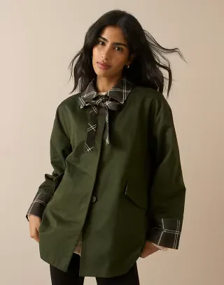 Nobody's Child cotton bow detail short trench contrast cuffs in khaki
