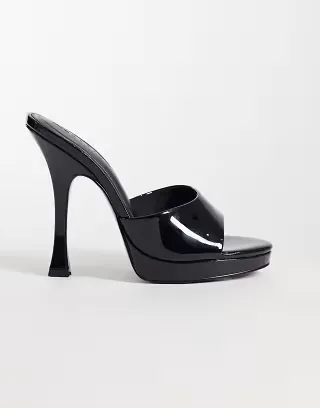 ASOS DESIGN Nightfall platform heeled mules in black patent