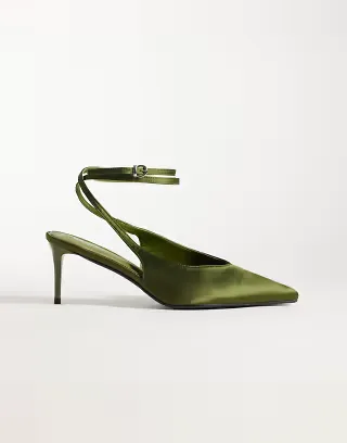 Simmi London Wide Fit Sonika tie leg heeled pumps in olive satin