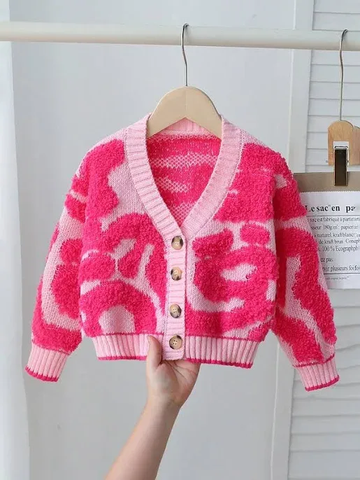 Hot Pink Knit Cardigan Girls Sweaters Bolero Shrug Textured Long Sleeve Button V-Neck Loose Fit Simple Casual Autumn Win