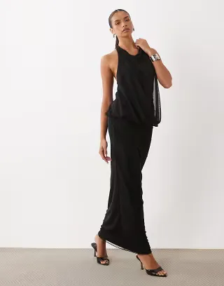 Missy Empire mesh overlay drape front halterneck maxi dress in black