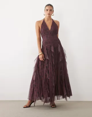 Lace & Beads textured halter neck ruffle skirt maxi dress in burgundy polka dot