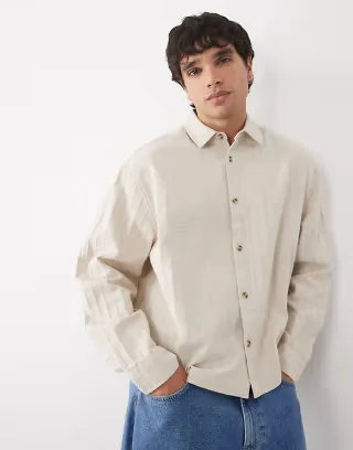 ASOS DESIGN boxy oversized textured striped shirt in beige
