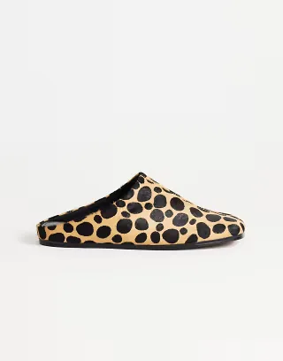 Topshop Debbie square toe flat shoe mule in leopard print hair on real leather