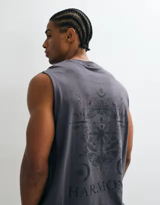 ONLY & SONS oversized fit tank with harmony back print in charcoal