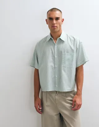 Reclaimed Vintage short sleeve boxy shirt in khaki striped print