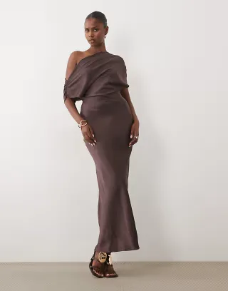 ASOS DESIGN one shoulder asymmetric satin maxi dress in chocolate