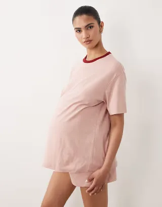 ASOS DESIGN Maternity slubby cotton oversized tee and shorts set with contrast neck binding in washed red