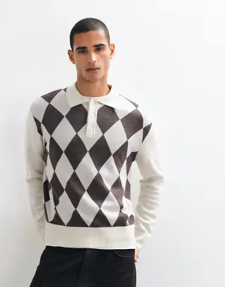 Selected 100% merino wool argyle polo in cream and brown