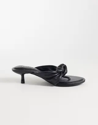 ASOS DESIGN Heartbreak premium knotted heeled flip flops in black leather