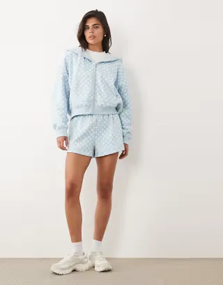 Kaiia cotton rich embroidered logo detail oversized zip through hoodie and sweat shorts set in baby blue polka dot