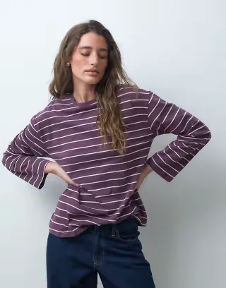 Pieces long sleeve t-shirt in raisin and pink stripe