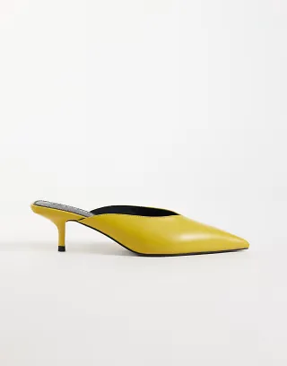 ASOS DESIGN Surprise pointed kitten heeled mules in yellow