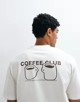 Selected heavyweight boxy fit T-shirt with brown coffee club backprint in cream