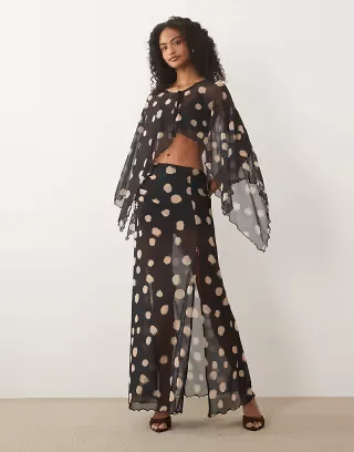ASOS DESIGN printed mesh maxi skirt in blurred mono polka dot - part of a set