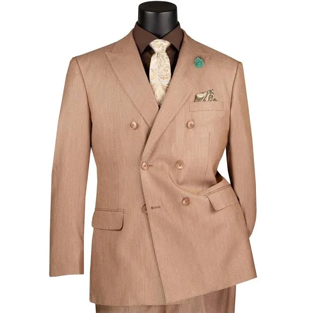 VINCI Men's Mocha Brown Sharkskin Double-Breasted Suit w/ Flex Waist