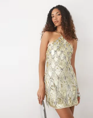 ASOS DESIGN Tall diamond pattern fringe halter neck sequin embellished mini dress in gold