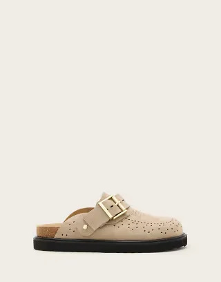 AllSaints Skye buckle suede mules in sand