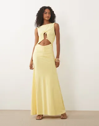 ASOS DESIGN cut-out maxi dress with wire beaded trim detail in lemon